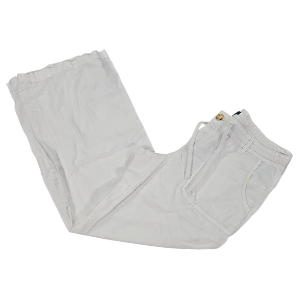 Gap Wom Sz 8 White Button Up Fly Linen Cotton Blend Wide Leg Beach Pant Summer